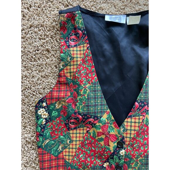 Vintage VTG Sostanza Christmas Holiday Holly Floral Plaid Vest Small/Medium - Picture 2 of 11